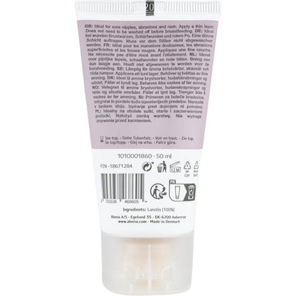 Egy 50 ml-es Abena Re-Seller GmbH Repair Creme tubus hátoldala, 100% lanolin, illatmentes; többnyelvű szöveggel, használati és újrahasznosítási információkkal, minőségi szimbólumokkal, vonalkóddal, tételkóddal, összetevőkkel. Dániában készült. Kapható dobozban (6 csomag).