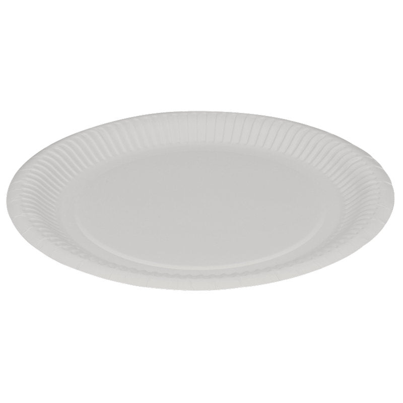 Der Abena Re-Seller GmbH Pappteller, Flach ø 23 cm, Weiß (Packung mit 50 Paaren) ist umweltfreundlich und mit leicht erhöhtem, geriffeltem Rand ideal als Party Teller für jedes Event - schlichtes Design auf weißem Hintergrund.