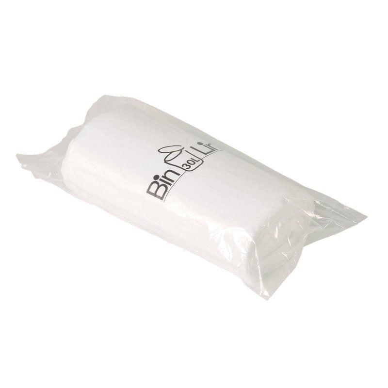 Egy tekercs Bin Line zacskó 30 L, 470x840 mm, 10 my LLDPE, Fehér (20 zacskó) az Abena Re-Seller GmbH-tól, átlátszó műanyag csomagolásban, fekete "Bin Lin" logóval az elején.