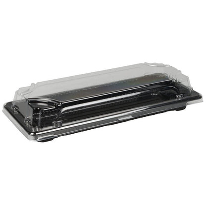 Az Abena Re-Seller GmbH Sushi-to-go Kombi-Pack egy fekete, egyszer használatos műanyag sushi tálca átlátszó, ráhelyezett fedéllel, amely zárva és üresen van ábrázolva - ideális friss sushi vagy elvitelre - fehér háttéren ábrázolva.