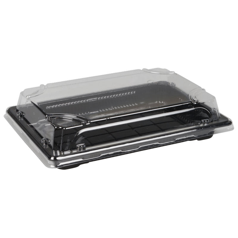 Az Abena Re-Seller GmbH Sushi-to-go Kombi-Pack egy fekete, téglalap alakú műanyag tálca átlátszó fedéllel, ideális friss sushi vagy más ételek csomagolására és bemutatására elvitelre.