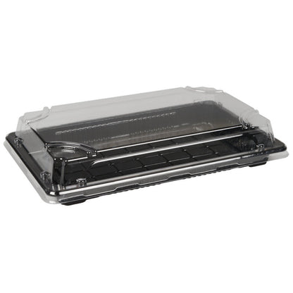 Az Abena Re-Seller GmbH Sushi-to-go Kombi-Pack egy téglalap alakú, fekete aljú és átlátszó fedelű összecsukható tartály, amely tökéletes friss sushi vagy desszertek bemutatására és szállítására.