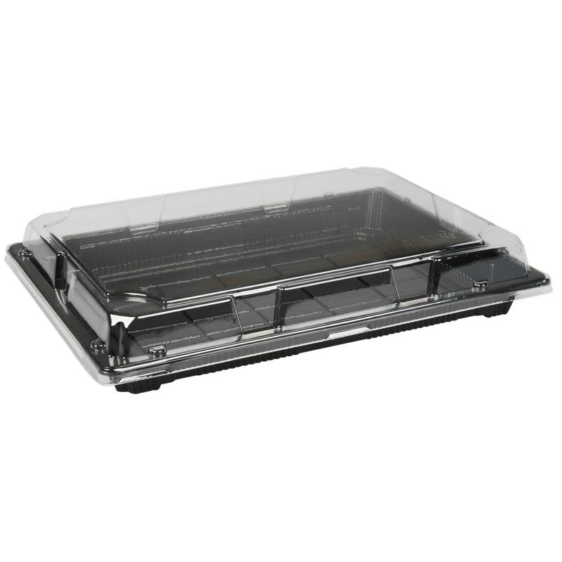 Az Abena Re-Seller GmbH Sushi-to-go Kombi-Pack egy fekete, téglalap alakú tálca átlátszó műanyag fedéllel, ideális sushi-to-go, friss sushi és más fogyasztásra kész ételek csomagolására és szállítására.