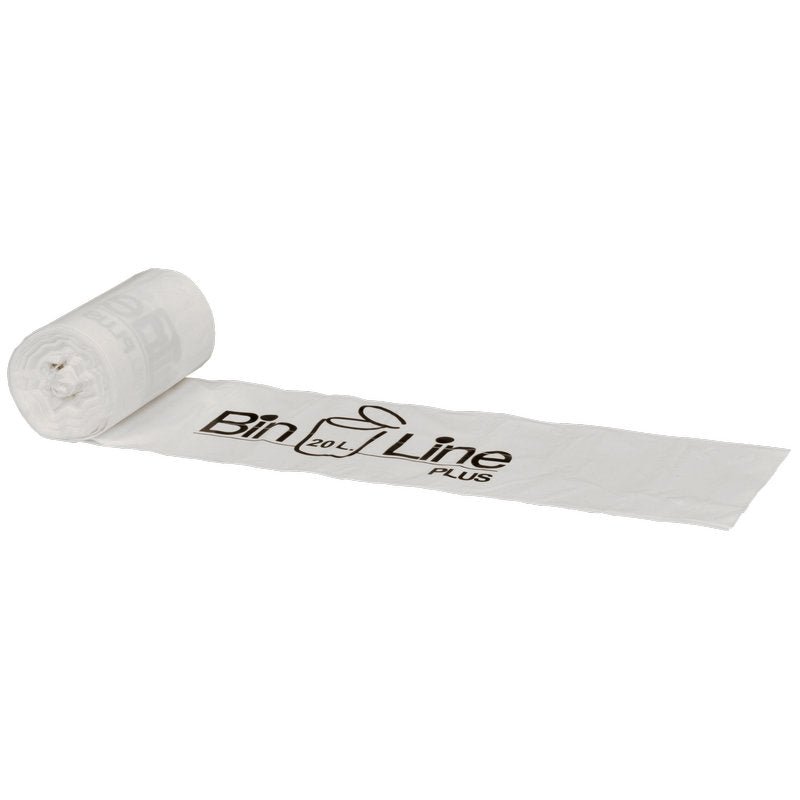 A képen egy részben letekert Abena Re-Seller GmbH Bin Line Plus 20L (355x775 mm, 20 my LLDPE, fehér) tekercs látható, amelyen fekete betűkkel „Bin Line 20L PLUS” felirat olvasható fehér alapon. Egy tekercs 15 szemeteszsákot tartalmaz – ideális a hulladékkezeléshez.
