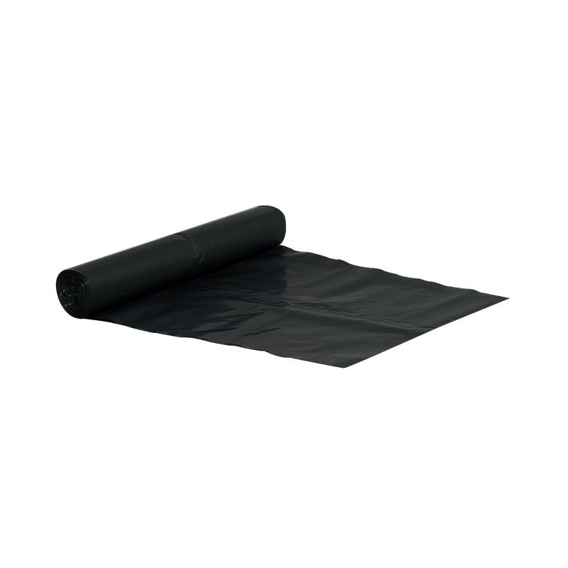Egy Abena Re-Seller GmbH szemeteszsák 120 L (700x1100 mm, 55 my LDPE, fekete, 10 zsákos tekercs) részben letekerve fekszik egy fehér felületen.