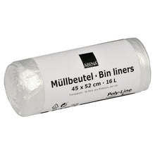 Eine meist weiße Rolle mit der Aufschrift "Abena Re-Seller GmbH Müllbeutel 16 L, 450x520 mm, 4,5 my HDPE, Transparent" enthält 50 Müllbeutel pro Rolle.