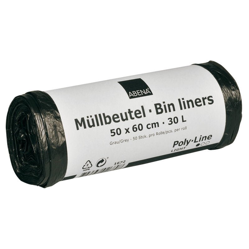 Egy tekercs Abena Re-Seller GmbH szemeteszsák 30 L, 500x600 mm, 4,5 my HDPE, szürke, fehér címkével van ellátva, amelyen "Szemeteszsák - Bin Liners" felirat szerepel, és 50 zsákot tartalmaz tekercsenként.