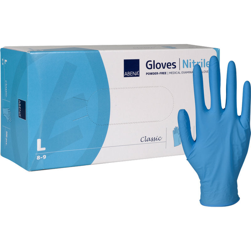 Eine Packung Abena Re-Seller GmbH Nitril-Handschuhe Classic, puderfrei, blau, Größe Large - ein einzelner blauer Handschuh steht aufrecht neben der weiß-blauen Verpackung und eignet sich ideal für medizinische Einrichtungen.