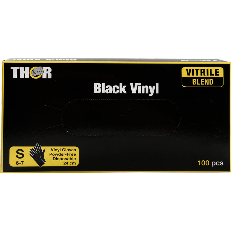 Eine 24 cm große schwarz-gelbe Box von Abena Re-Seller GmbH enthält 100 kleine (6-7) puderfreie Thor Black Vinyl, Vitrile Blend Handschuhe.