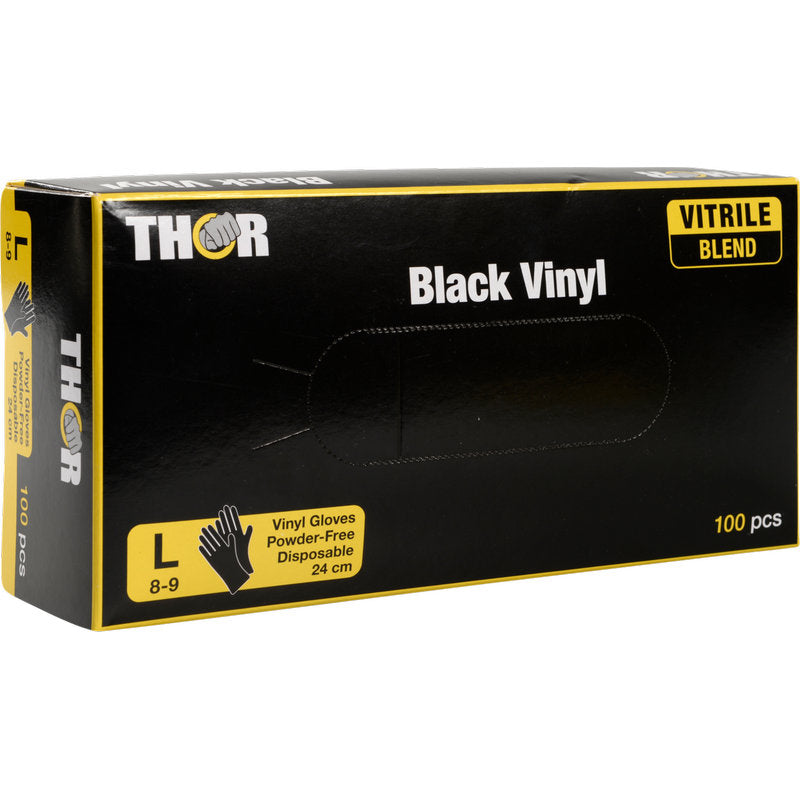Eine Box Thor Black Vinyl, Vitrile Blend, puderfrei Einweghandschuhe, Größe L (8-9), 100 Stück von Abena Re-Seller GmbH. Die schwarze Box mit gelben Akzenten zeigt die wichtigsten Handschuhinfos vorn.
