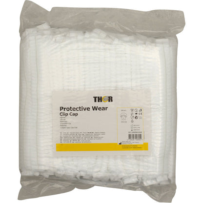 Egy lezárt műanyag csomag fehér eldobható Thor Clip sapkákat tartalmaz, ø 53 cm. Az Abena Re-Seller GmbH címkéjén ez áll: "Protective Wear Clip Cap" utasításokkal és szimbólumokkal - ideális fodrászszalonok és professzionális használatra.