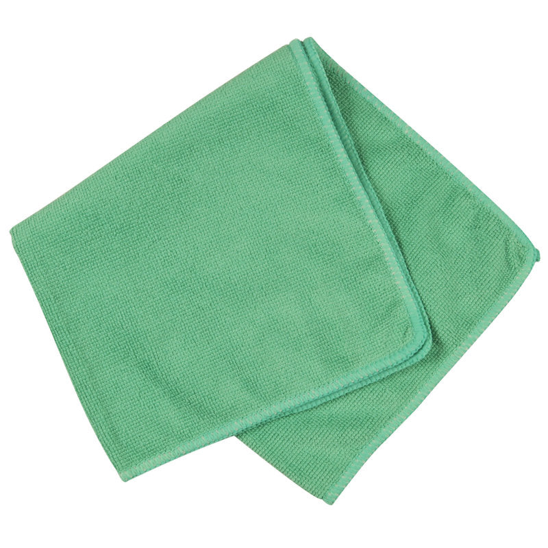 Ein gefaltetes hellgrünes Mikrofasertuch ENA Standard (40x40 cm) der Abena Re-Seller GmbH mit sauber abgesteppten Rändern wird vor weißem Hintergrund präsentiert.