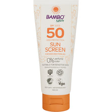 Eine 100ml Tube Bambo Nature Sonnencreme LSF50 von Abena Re-Seller GmbH, farb- und parfümfrei, dermatologisch getestet, vegan, reef-safe und ideal für empfindliche Haut. 6 Packungen im Karton.