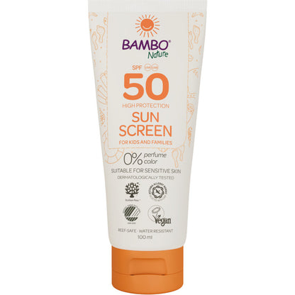 Eine 100ml Tube Bambo Nature Sonnencreme LSF50 von Abena Re-Seller GmbH, farb- und parfümfrei, dermatologisch getestet, vegan, reef-safe und ideal für empfindliche Haut. 6 Packungen im Karton.