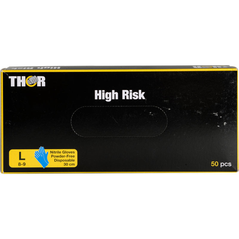 Eine schwarze Schachtel mit der Aufschrift "Thor High Risk Nitril-Handschuhe, Blau, 30 cm" von Abena Re-Seller GmbH enthält 50 große (8-9) blaue, puderfreie Einweg-Nitrilhandschuhe für den Chemikalienschutz, mit einem Handschuhsymbol und gelben Informationen auf der Vorderseite.