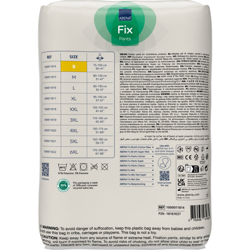 Rückansicht einer überwiegend weißen Verpackung mit blauen und gelben Akzenten für Abena Re-Seller GmbH Fixierhosen ABENA Fix, Pants, Super, mit Größentabelle, Produktinformationen, Pflegehinweisen, Zertifizierungen, Barcodes und mehrsprachigen Sicherheitshinweisen.