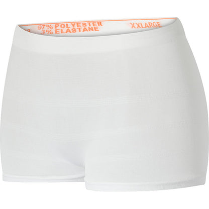 Die ABENA Fixierhosen Fix Pants Super von der Abena Re-Seller GmbH sind weiße, nahtlose Unterwäsche im Boxer-Stil mit einem elastischen Bund mit der Aufschrift "XXLARGE" und bestehen aus 97% Polyester und 3% Elastan.