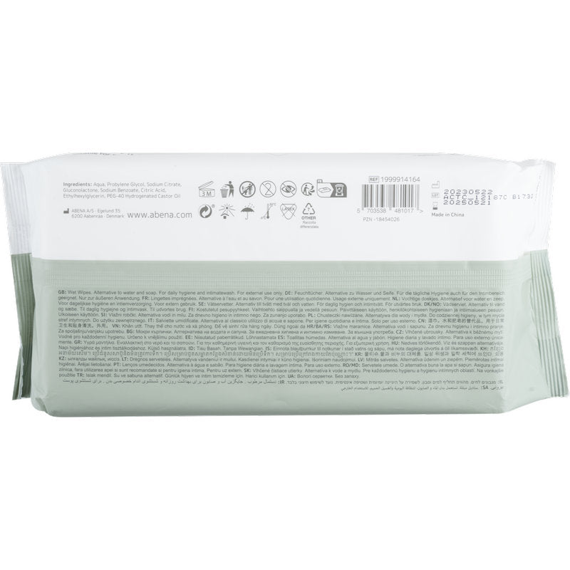 Egy téglalap alakú fehér Abena Re-Seller GmbH nedves törlőkendő csomag (80 darab, fedéllel, 20x27 cm) hátulról van ábrázolva, és vonalkódot, több nyelvű termékinformációkat, szimbólumokat és abena.com-ot mutat.