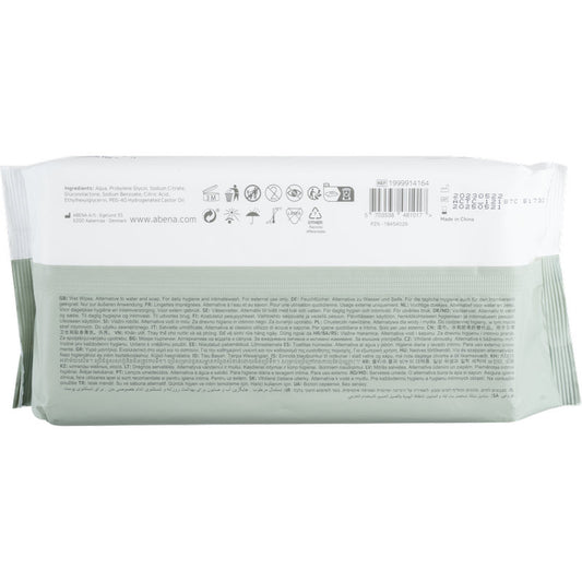 Eine rechteckige weiße Abena Re-Seller GmbH Feuchtpflegetücher Packung (80 Stück, mit Deckel, 20x27 cm) ist von hinten abgebildet und zeigt einen Barcode, Produktinformationen in mehreren Sprachen, Symbole und abena.com.