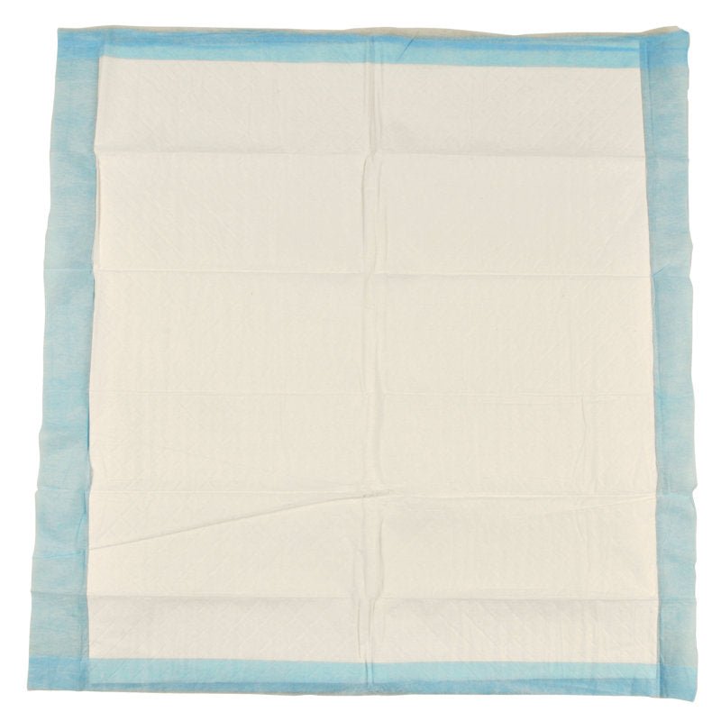 Egy 6 rétegű, 60x60 cm-es ABENA Tissue eldobható alátét az Abena Re-Seller GmbH-tól kék szegéllyel és fehér középpel laposan ábrázolva, látható gyűrődésekkel; 25 darabos csomagolásban kapható.
