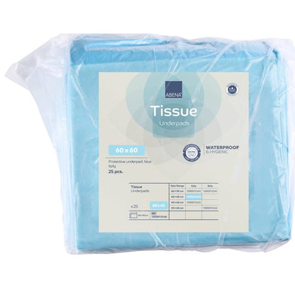 Egy 25 darabos ABENA Tissue eldobható alátét csomag, 6 rétegű, 60x60 cm, kék színű, az Abena Re-Seller GmbH-tól. A vízálló és higiénikus betétek átlátszó csomagolásban kerülnek forgalomba, amelyen az összes termékadat és specifikáció a címkén fel van tüntetve.