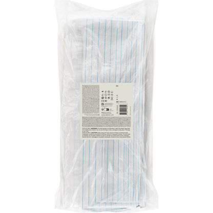 Egy átlátszó műanyag csomagolás 25 fehér Abena Re-Seller GmbH védőlepedőt tartalmaz, PE laminálással, 48 szál, 80x170 cm. Az elején egy téglalap alakú címke van felragasztva szöveggel és szimbólumokkal, amelyek az orvosi védelemre utalnak.