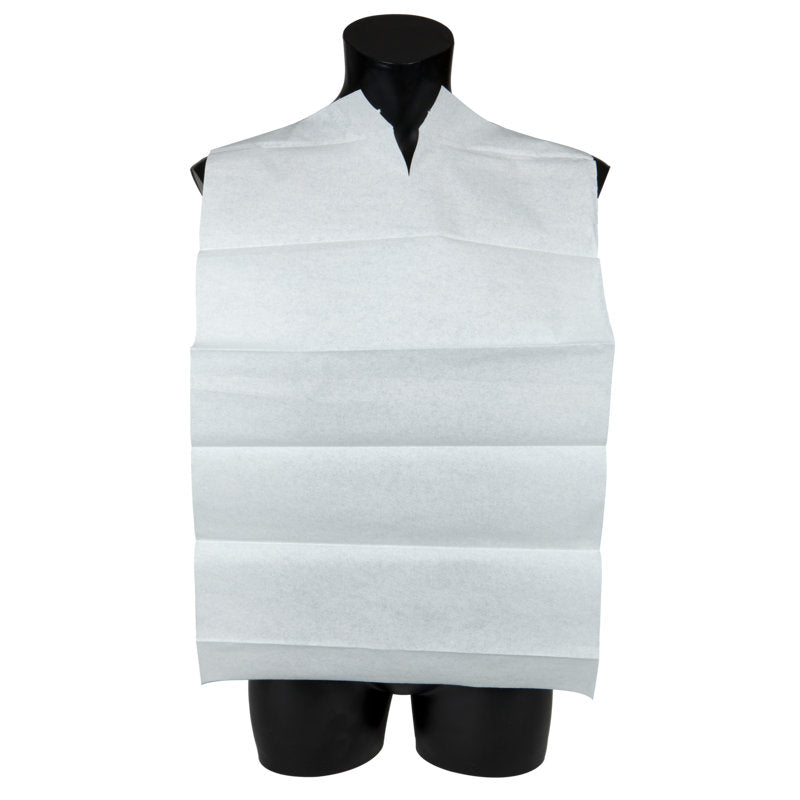 Eine Schaufensterpuppe zeigt einen großen, gefalteten Abena Re-Seller GmbH Speiselatz Einweg Blau/Weiß o.Tasche (38x70 cm), der Brust und Oberkörper mit einer v-förmigen Halseinkerbung bedeckt. Ideal für hygienische Mahlzeiten. Packung: 100 Paare.