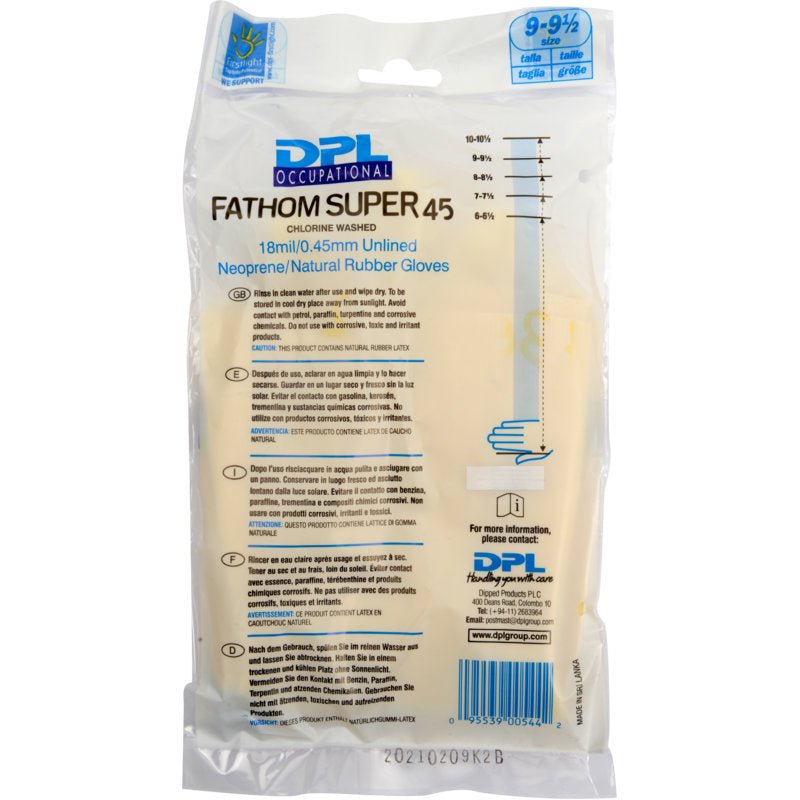Egy lezárt csomag Abena Re-Seller GmbH háztartási kesztyű latex, sárga, neoprén, 9-9,5 méretben, termékadatokkal, használati útmutatóval és céges információkkal az elején.