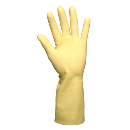 Egy használatlan Abena Re-Seller GmbH háztartási kesztyű latex, sárga, neoprén egyenesen, szétterpesztett ujjal ábrázolva. Ez a sárga kesztyű a csuklón túlér, és ideális tisztítási vagy háztartási munkákhoz.