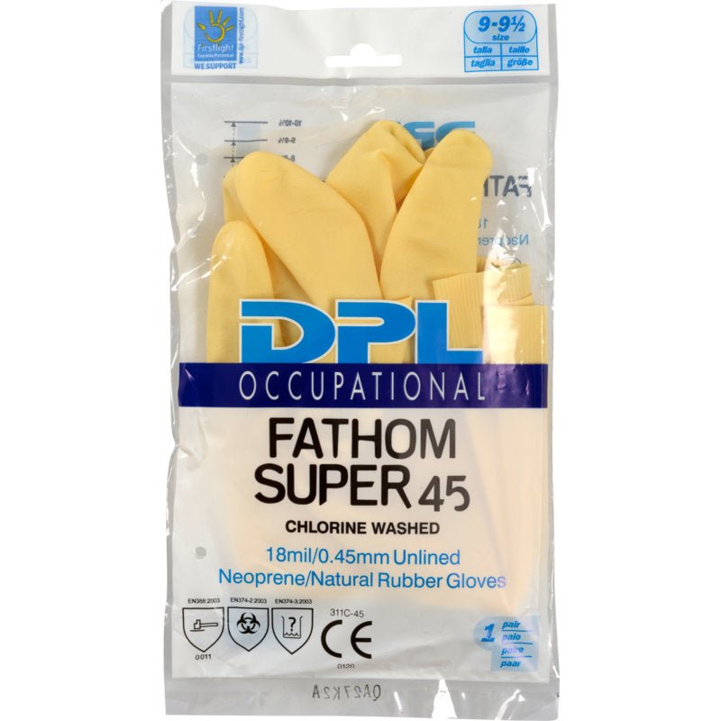 Egy lezárt csomag sárga "háztartási kesztyű latex, sárga, neoprén" az Abena Re-Seller GmbH-tól, feliratozva mint bélés nélküli neoprén/natúrkaucsuk tisztítókésztyűk, klórral mosva, 18 mil/0,45 mm.