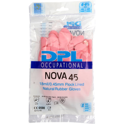 Egy átlátszó műanyag csomagolás rózsaszín Abena Re-Seller GmbH háztartási latexkesztyűt tartalmaz, tanúsítvány szimbólumokkal és 6-6½ mérettel.