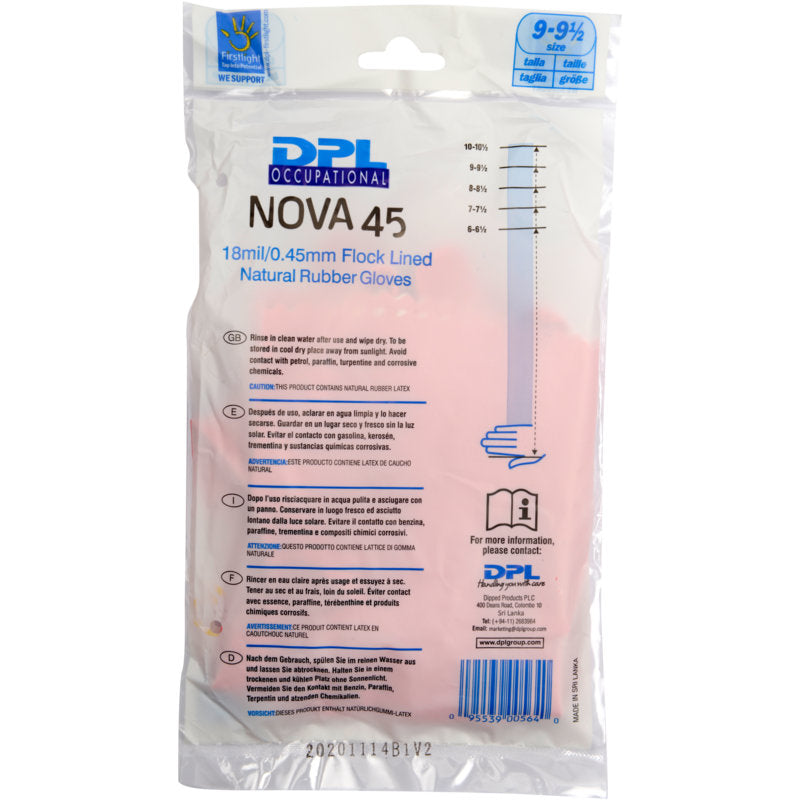 Egy átlátszó műanyag csomagolás Abena Re-Seller GmbH háztartási latexkesztyűt tartalmaz, rózsaszín. A csomagoláson méret, 18mil/0,45mm vastagság, flokk bélés, használati és ápolási utasítások vannak feltüntetve. A rózsaszín kesztyűk belülről láthatók.