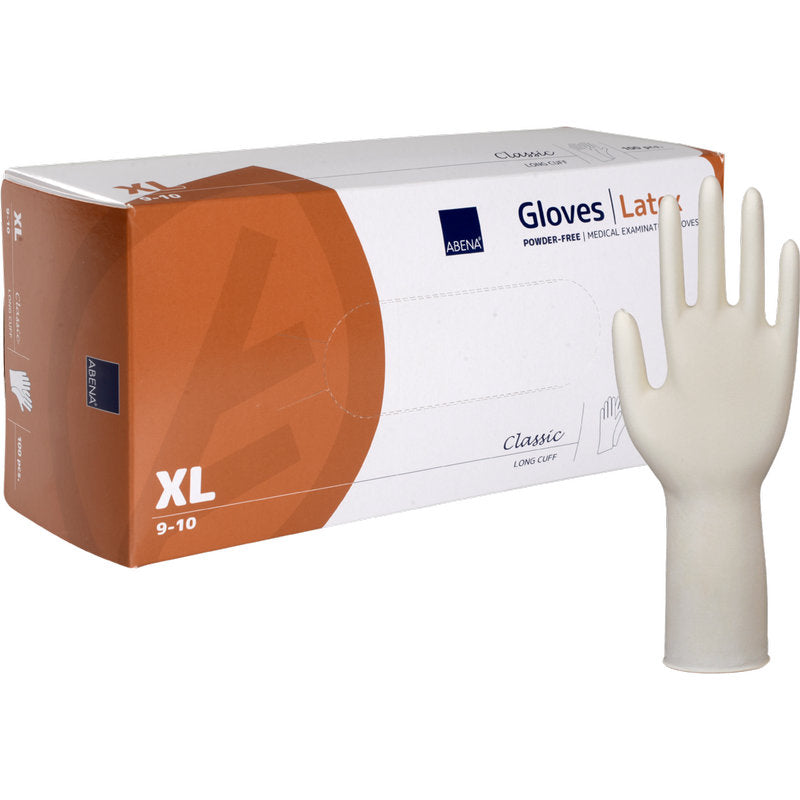 Eine Box der Abena Re-Seller GmbH Latex-Handschuhe Classic, puderfrei, lang, natur, Größe XL (9-10), mit einem aufrechten Handschuh neben der weiß-orangen Verpackung - ideal für langen Schutz im Alltag.