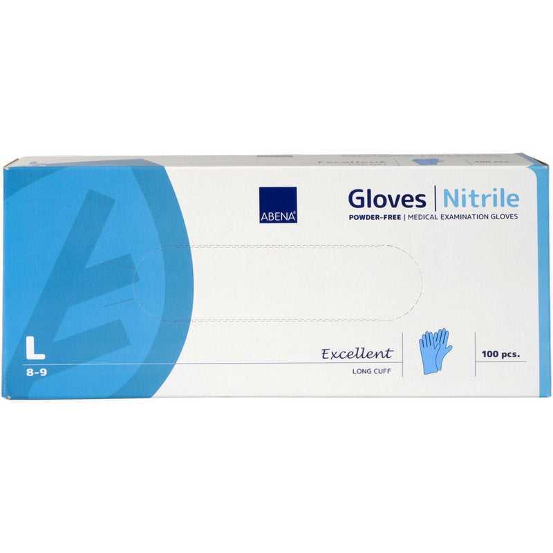 Egy Abena Re-Seller GmbH Nitril kesztyű Excellent doboz, nagy méret, púdermentes és hosszú, kék. 100 orvosi kesztyűt tartalmaz, főként fehér-kék csomagolásban akcentusokkal és szöveggel.