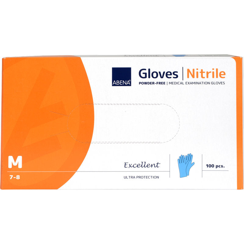 Eine Schachtel Abena Re-Seller GmbH Nitril-Handschuhe Excellent, puderfrei, blau, Größe medium (7-8), enthält 100 Handschuhe. Die meist weiße Schachtel hat einen orangen Abschnitt und eine blaue Handschuhabbildung.