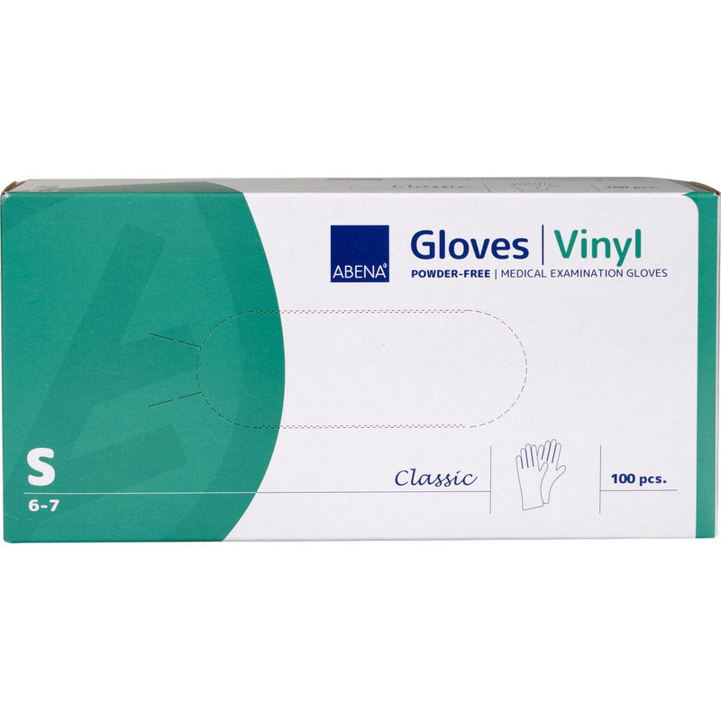 Eine Box Abena Re-Seller GmbH Vinyl-Handschuhe Classic, puderfrei und transparent, Größe small (6-7), enthält 100 Einweghandschuhe. Die weiß-grüne Verpackung nennt Produktdetails und zeigt eine Handschuh-Abbildung.