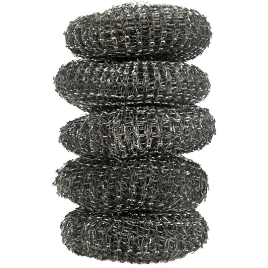 Ein vertikaler Stapel von fünf runden Topfreiniger-Stahlwolle-Pads (16 g, 5 Paare) von Abena Re-Seller GmbH, die mit ihrer Netzstruktur ideal für die Küchenreinigung und das harte Schrubben von Töpfen und Pfannen sind.