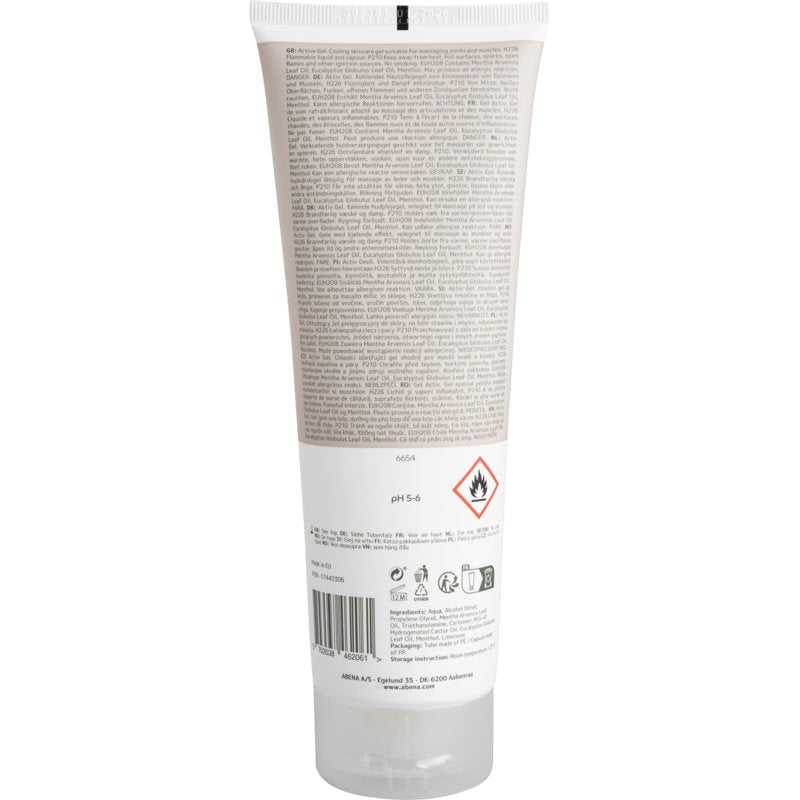 Az Abena Re-Seller GmbH Aktiv gél 250 ml-es tubusának hátoldala apró betűs szöveggel, gyúlékonysági és újrahasznosítási szimbólumokkal, valamint termékinformációkkal egy fehér-bézs címkén.