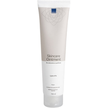 Egy bézs-fehér 150 ml-es Abena Re-Seller GmbH bőrápoló krém tubus, karton (12 csomag), természetes összetevőkkel, színezékek vagy parfüm nélkül, 41% lipid, vegán formula, bőrgyógyászatilag tesztelt száraz bőrre.