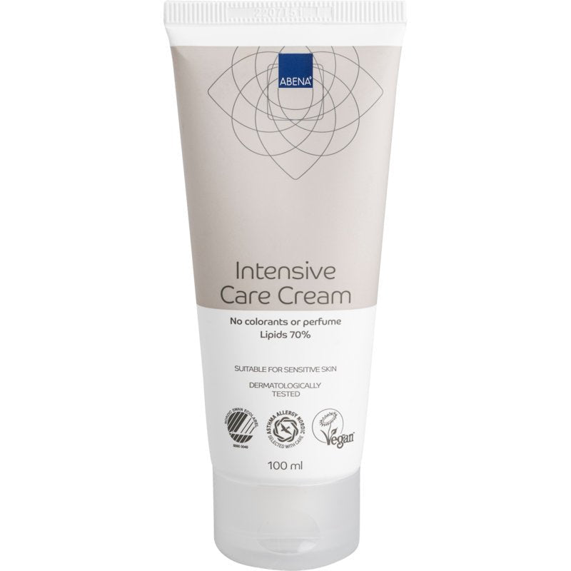 Egy csomag 12 x 100 ml Abena Re-Seller GmbH zsíros krémet tartalmaz, vegán és bőrgyógyászatilag tesztelt, 70% lipidet tartalmaz, színezék- és parfümmentes - ideális érzékeny, száraz vagy repedezett bőrre.