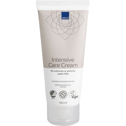 Egy csomag 12 x 100 ml Abena Re-Seller GmbH zsíros krémet tartalmaz, vegán és bőrgyógyászatilag tesztelt, 70% lipidet tartalmaz, színezék- és parfümmentes - ideális érzékeny, száraz vagy repedezett bőrre.