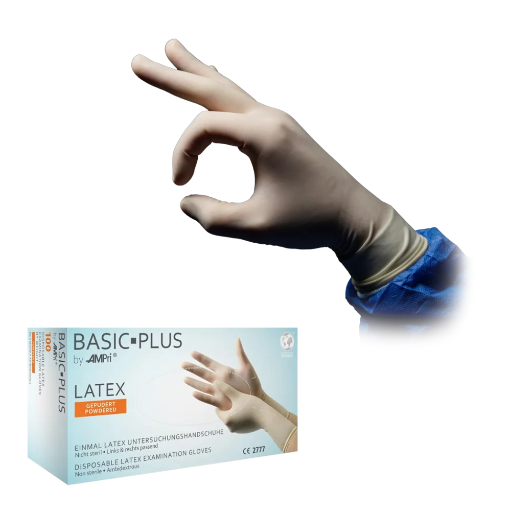 Egy latex kesztyűs kéz „OK” gesztust mutat. Alatta található egy doboz a „AMPri BASIC-PLUS latex kesztyű púderrel, fehér | Doboz (100 darab)” felirattal az AMPri Handelsgesellschaft mbH-tól, amely egyszer használatos vizsgálati kesztyűket tartalmaz latexből. A doboz egy kesztyűs kéz képét és többnyelvű szöveget mutat, amely a vegyi anyagok elleni védelmet hangsúlyozza.