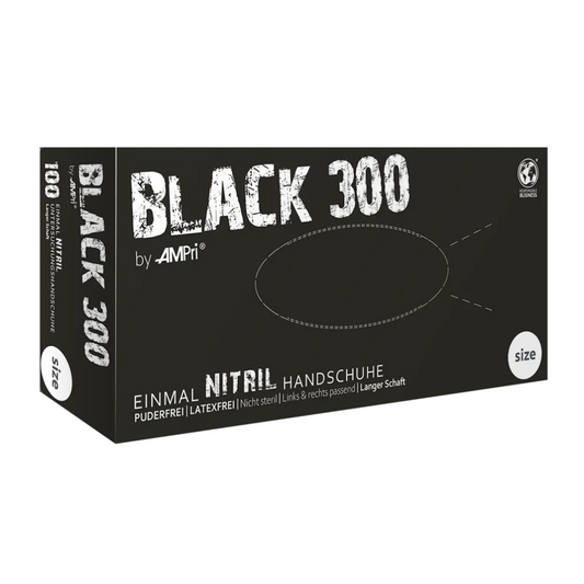 AMPRI Black 300 nitrilkesztyű, felesleges hosszúságú, fekete | Doboz (100 darab)