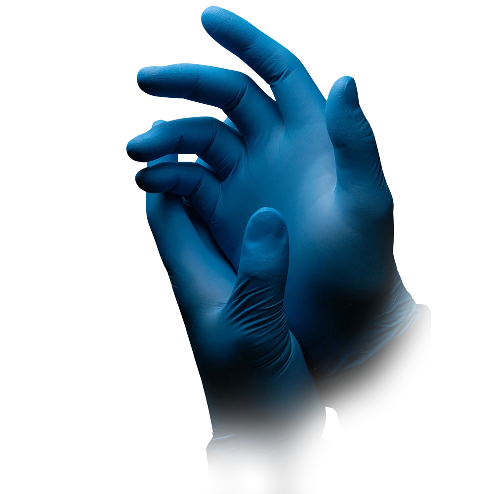 Ein Paar Hände mit AMPri BLUE ECO-PLUS Nitrilhandschuhe puderfrei, Blau von AMPri Handelsgesellschaft mbH. Die Hände liegen eng beieinander, die Finger sind leicht gekrümmt und ein weißer Hintergrund hebt die Handschuhe hervor.