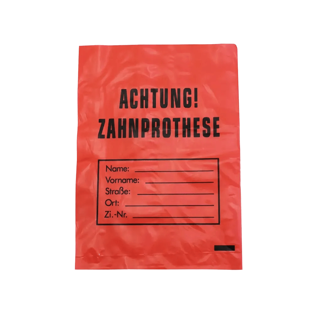 Az AMPri LDPE fogprotézis tasak 17 x 24 cm-es méretekkel piros dizájnnal rendelkezik, fekete "FIGYELEM! FOGPROTÉZIS" szöveggel és mezőkkel név, cím és szobaszám számára, hogy a fogprotézisek higiénikus és egyszerű azonosítását biztosítsa. Márka: AMPri Handelsgesellschaft mbH.