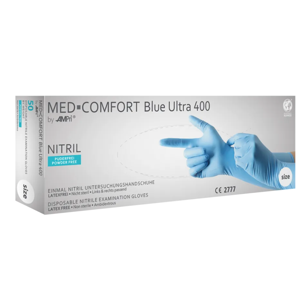 Egy doboz AMPri MED-COMFORT BLUE ULTRA 400 extra hosszú egyszer használatos nitril vizsgálati kesztyű az AMPri Handelsgesellschaft mbH-tól, „S” méretként megjelölve, ideális az élelmiszeripar számára. Ezek a kék nitril kesztyűk latexmentesek, púdermentesek és kétkezes viselésre alkalmasak. A csomagoláson egy kép látható kezekről, amelyek ezeket a kék vizsgálati kesztyűket viselik.