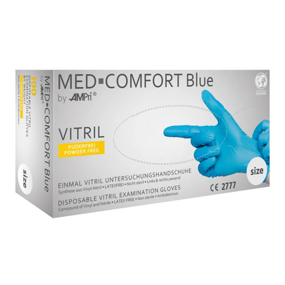 Látható egy doboz AMPri MED-COMFORT BLUE púdermentes, kék vinil kesztyű az AMPri Handelsgesellschaft mbH-tól. A doboz kiemeli, hogy a kesztyűk púdermentesek és latexmentesek, ami ideálissá teszi őket az élelmiszeripar számára. A dobozon lévő képen egy kéz látható, amely kék kesztyűt visel, továbbá különböző információs szövegek és logók találhatók rajta.