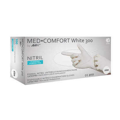 Egy doboz AMPri MED-COMFORT WHITE 300 púdermentes, steril és latexmentes nitril kesztyű az AMPri Handelsgesellschaft mbH-tól, hosszabbított szárú. A főként fehér doboz, néhány kék szöveggel és képekkel, nitril vizsgálati kesztyűket tartalmaz, nem részletezett méretben.