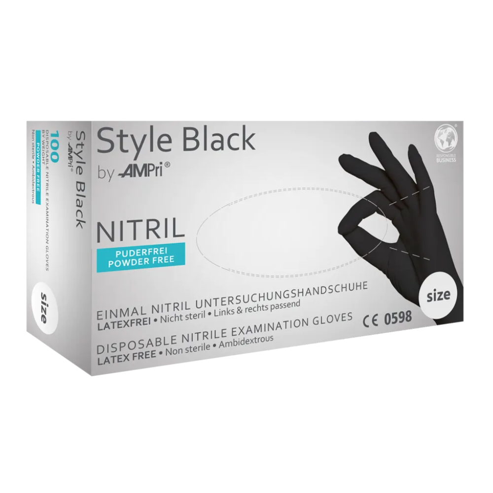 Egy fehér doboz, amelyen az „AMPri STYLE BLACK Nitrilhandschuhe puderfrei von MED-COMFORT, Schwarz” felirat szerepel az AMPri Handelsgesellschaft mbH-től, fekete, púdermentes, sterilizálatlan, latexmentes, mindkét kézre illeszkedő nitril egyszer használatos kesztyűket tartalmaz. A doboz egy képet mutat, amelyen egy kéz fekete kesztyűt visel.