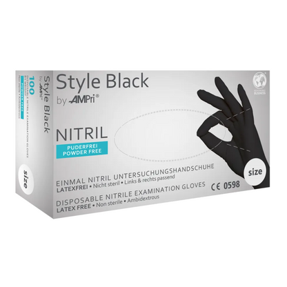 Egy fehér doboz, amelyen az „AMPri STYLE BLACK Nitrilhandschuhe puderfrei von MED-COMFORT, Schwarz” felirat szerepel az AMPri Handelsgesellschaft mbH-től, fekete, púdermentes, sterilizálatlan, latexmentes, mindkét kézre illeszkedő nitril egyszer használatos kesztyűket tartalmaz. A doboz egy képet mutat, amelyen egy kéz fekete kesztyűt visel.